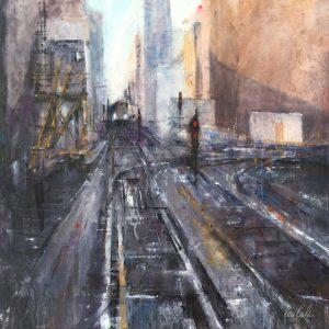 watercolor painting of train on tracks