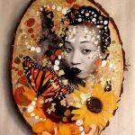 mixed media collage featuring Asian woman