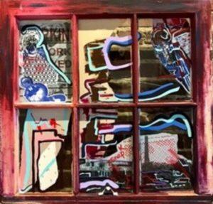 mixed media abstract on found window