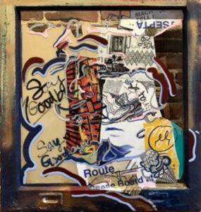 mixed media abstract on found window