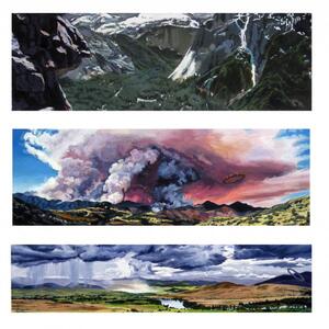 three paintings of landscapes