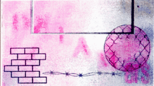 pink circle and leaning tower of bricks on a wall