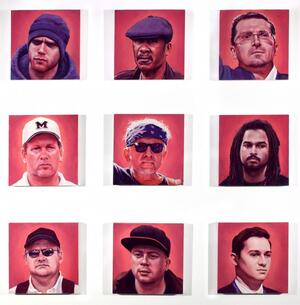 grid of nine portrait paintings