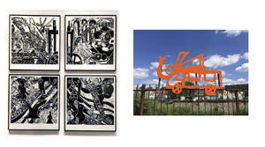 grid of four drawings and photograph of sculpture affixed to top of fence