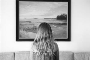 B+W photograph of little girl looking at framed landscape painting