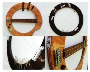 photographs of original handmade instruments like a guitar mounted to a wall