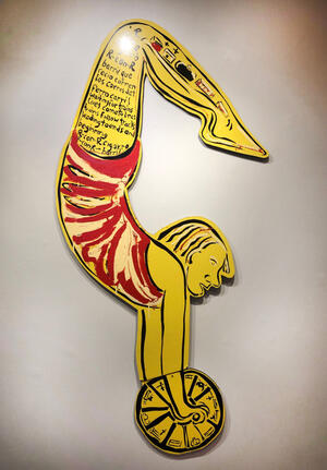 painting of acrobat balancing on wheel on tin