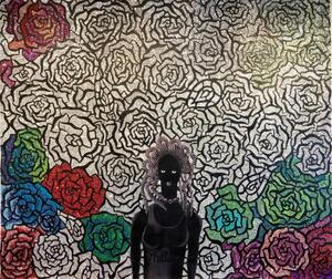 painting of woman in front of patterned background