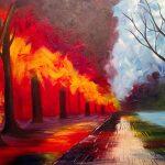 painting of line of trees on fire