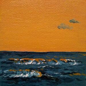 painting of sea with orange sky
