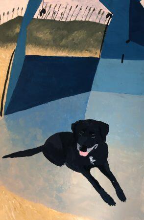 drawing of black dog lying down with tongue out