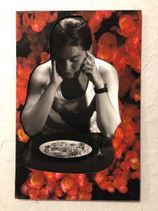 collage of woman looking down on a plate of food