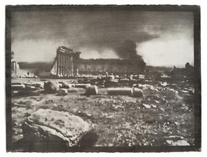 black and white photograph of burning ruins