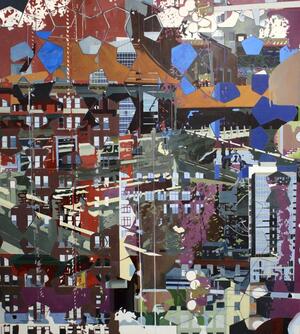 abstract painting of city buildings