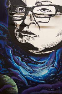 cartoon head above landscape