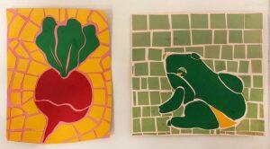 ceramic mosaics of beet and frog