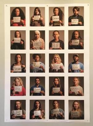 grid of photos of people holding up signs