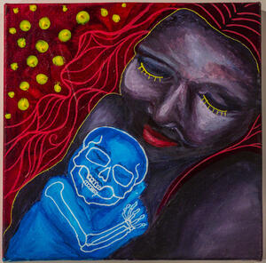 painting of woman holding a blue colored baby with his skeleton showing through
