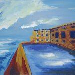 painting of a swimming pool next to the sea