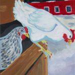painting of two chickens escaping coup