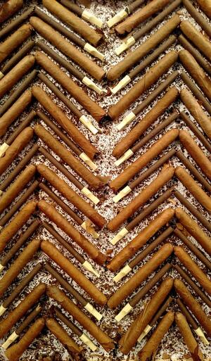 geomtric pattern composed of walterlogged cigarettes and cigarettes with plastic filters