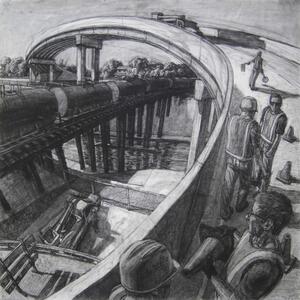 drawing of construction workers looking at passing tanker railcars
