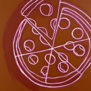 neon pizza against red-orange background