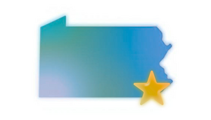 colorful teal outline of Pennsylvania with a star over Delaware and Montgomery Counties 