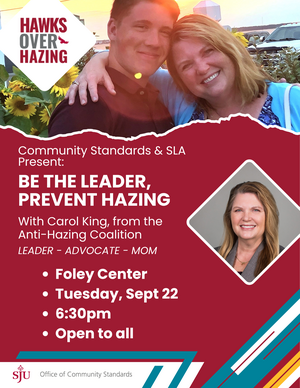 A flyer promoting BE THE LEADER, PREVENT HAZING - September 22nd at 6:30pm in the Foley Center