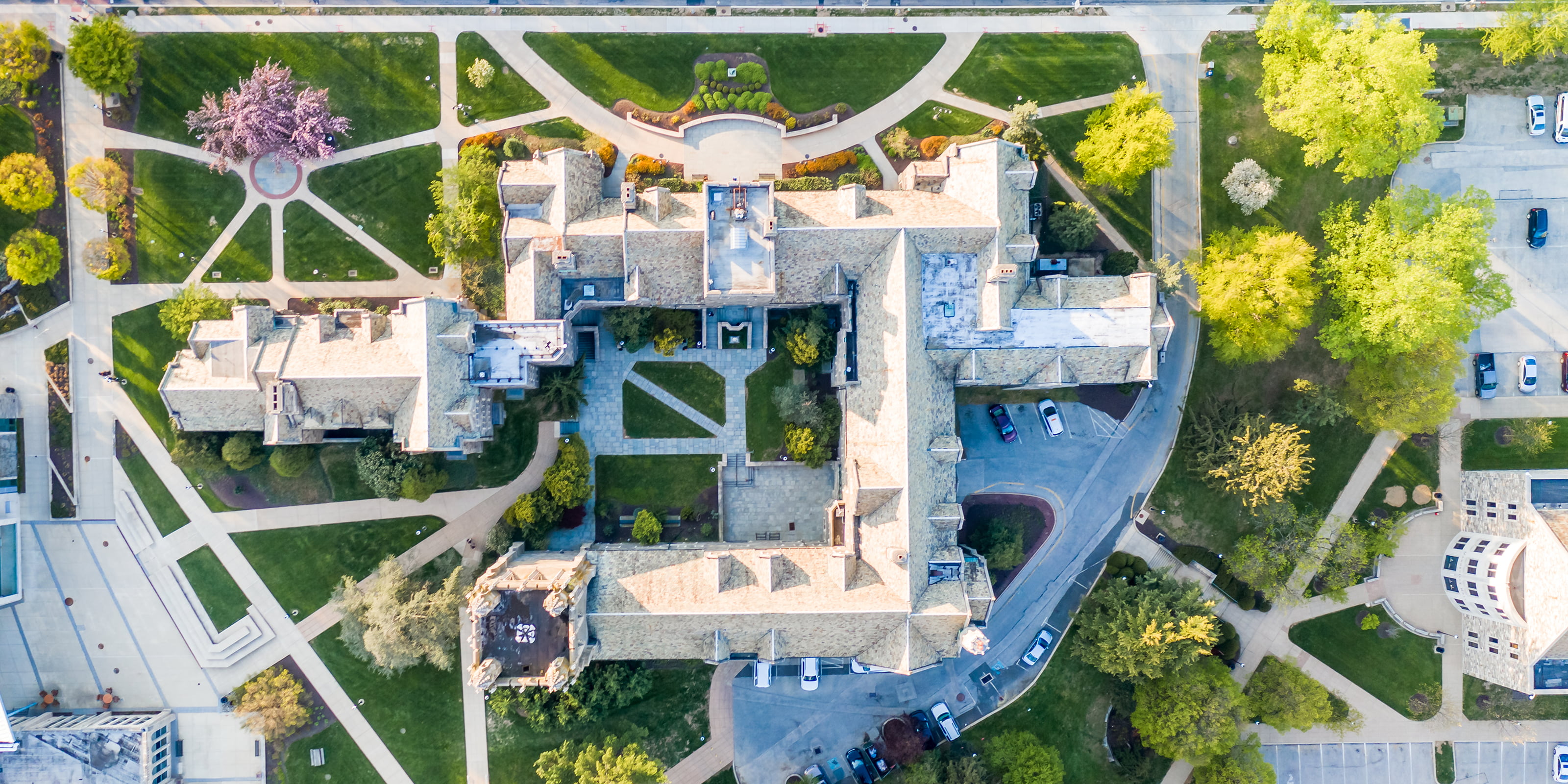 Top down aerial view of Barbelin Tower at Saint Joseph's University